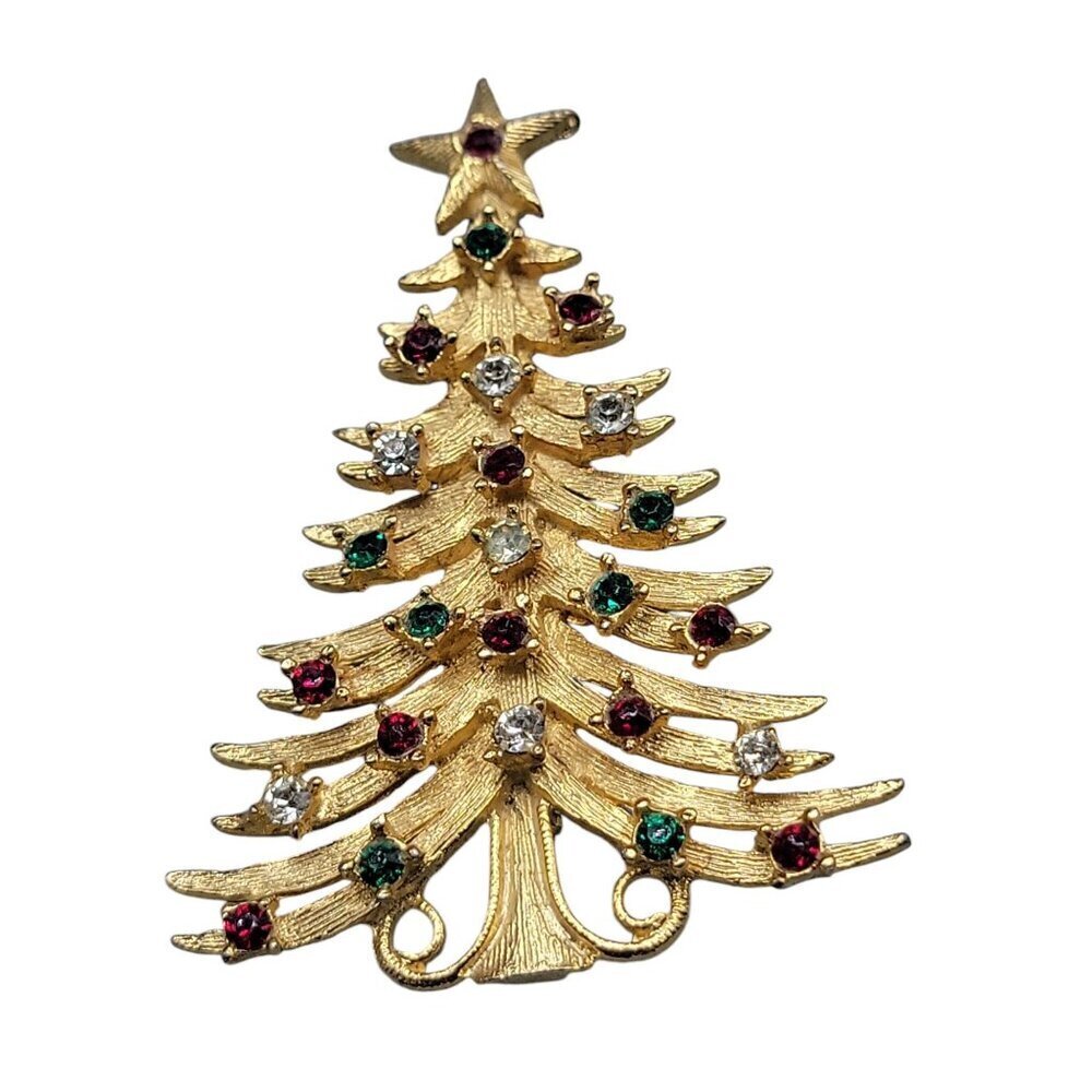 MYLU Christmas Tree Brooch Multicolor Rhinestone Gold Tone Vintage Signed 1960s